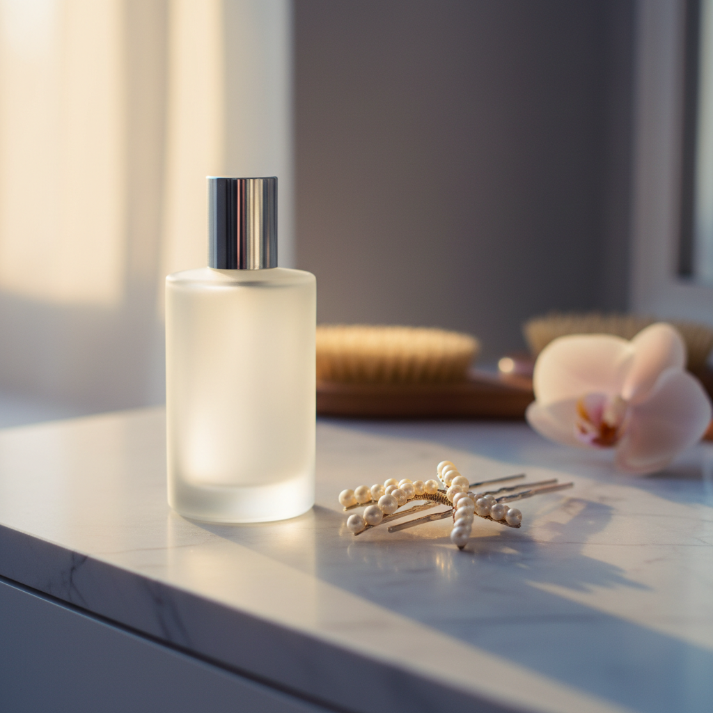 A beautifully detailed close-up of an elegant glass perfume bottle with a frosted finish and a minimalist silver cap, positioned beside a set of delicate pearl hairpins on a smooth marble vanity. The background is softly blurred, suggesting the gentle curves of vintage hairbrushes and a single pale orchid. Illuminated by natural golden hour light streaming through a nearby window, the image is imbued with a sense of calm and anticipation. Soft highlights glint off the glass and pearls, while cool undertones and subtle gradients create a serene, sophisticated visual. The composition favors an asymmetric balance viewed from a low side angle, maintaining a refined, photographic realism style perfect for bridal preparation details.