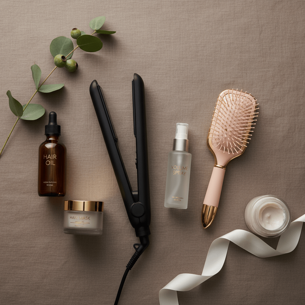 An arrangement of luxurious beauty essentials including a sleek matte-black hair straightener, a delicate blush-pink hairbrush with gold accents, and curated glass bottles of hair products, all meticulously laid out on a rich taupe linen surface. The scene is accented by a understated sprig of eucalyptus and a folded silk ribbon for subtle sophistication. Overhead, soft studio lighting casts gentle, balanced shadows to accentuate the elegant forms and textures, creating an atmosphere of calm confidence and refined preparation. The shot is composed from a slightly elevated angle, incorporating minimalist spacing and photographic clarity to evoke a sense of curated elegance suited for wedding preparation recommendations.