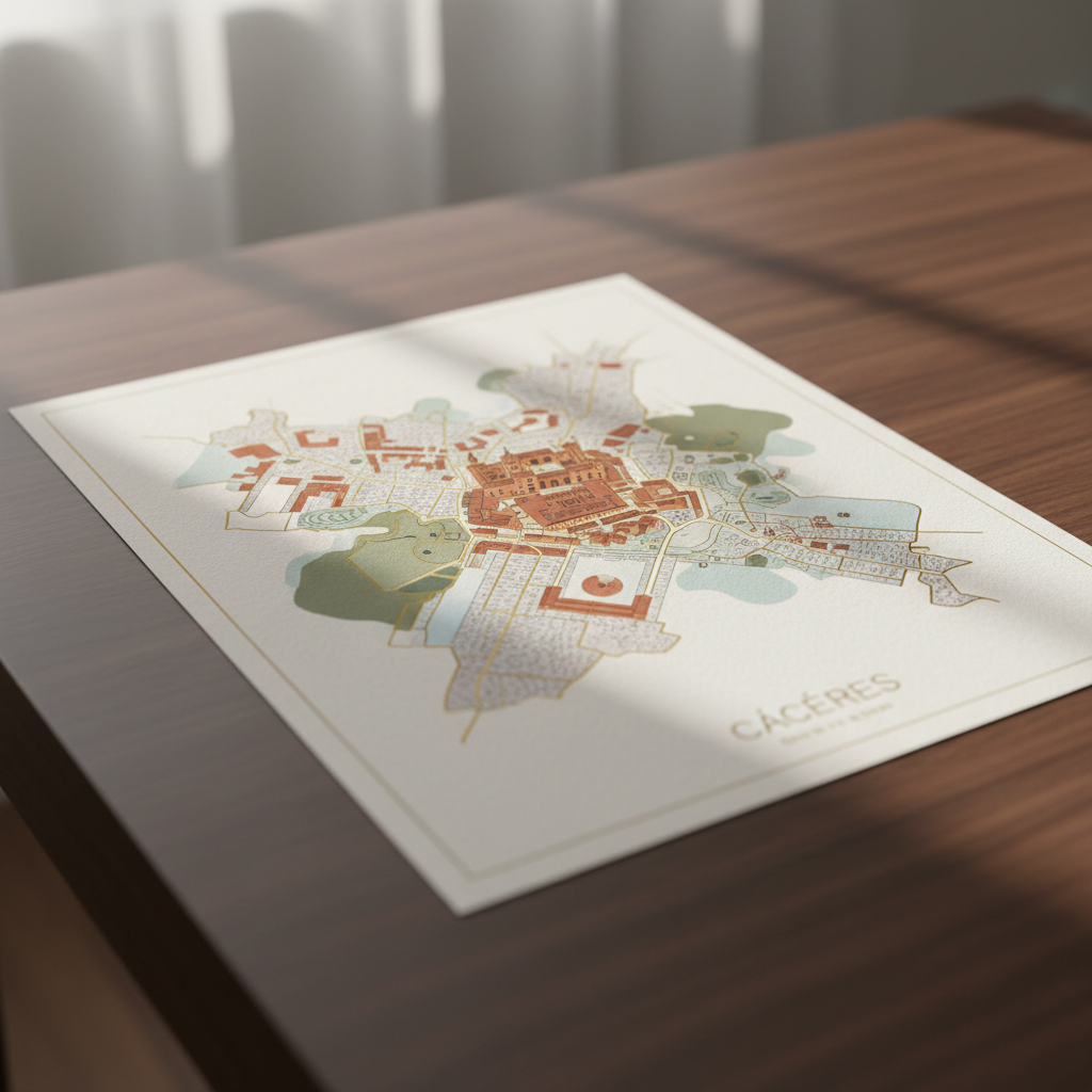 A refined, minimalist map illustration showcasing the historic cityscape of Cáceres. The map features muted earth tones with delicate gold linework outlining iconic city landmarks, nestled among winding cobblestone streets and gentle gradients denoting park areas. The map is set against a textured off-white background, and a subtle shadow implies careful mounting on a sleek wooden desk. Soft, diffused ambient lighting gently highlights the elevated surface of the paper, creating a sophisticated yet inviting mood. The composition centers on the downtown area with selective focus and sharp detail, employing a clean, photographic aesthetic aligned with the site’s elegant presentation.