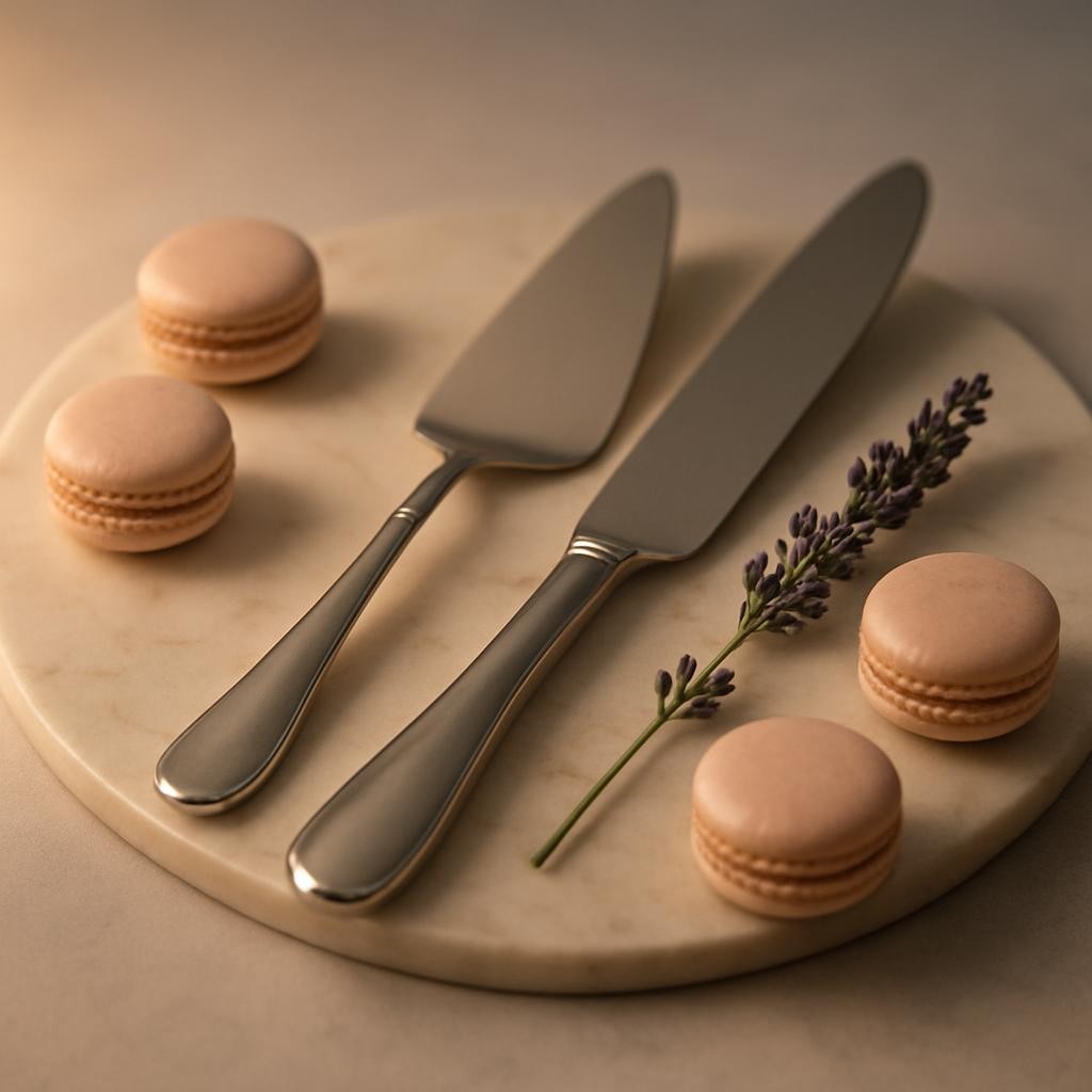 A romantic, softly focused still life of a minimalist silver cake knife and server set resting atop an elegant marble platter, surrounded by understated blush-toned macarons and a sprig of lavender. The marble is flecked with gentle veins and offers a muted palette, while the background fades into a barely-there gradient of dove grey, suggesting a sophisticated table setting at the wedding celebration. Ambient evening light—with a hint of golden candlelit glow—creates delicate highlights and soft shadows, evoking an atmosphere of refined festivity and anticipation. Captured from a side angle with centered composition, the image embodies polished, photographic minimalism well-suited to announcing the celebration’s details.
