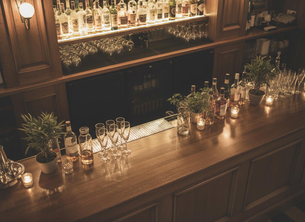 Realistic, warm, cozy bar scene suitable for a wedding pre-party, matching the soft, elegant, slightly desaturated, overhead-styled photography used in the other cards on the site (HOTELES and PELUQUERÍAS). Include warm ambient lighting, wooden bar textures, softly glowing glasses and bottles, and a hint of greenery, with no visible people or logos. The composition should work well as a subtle background image behind white overlaid text.